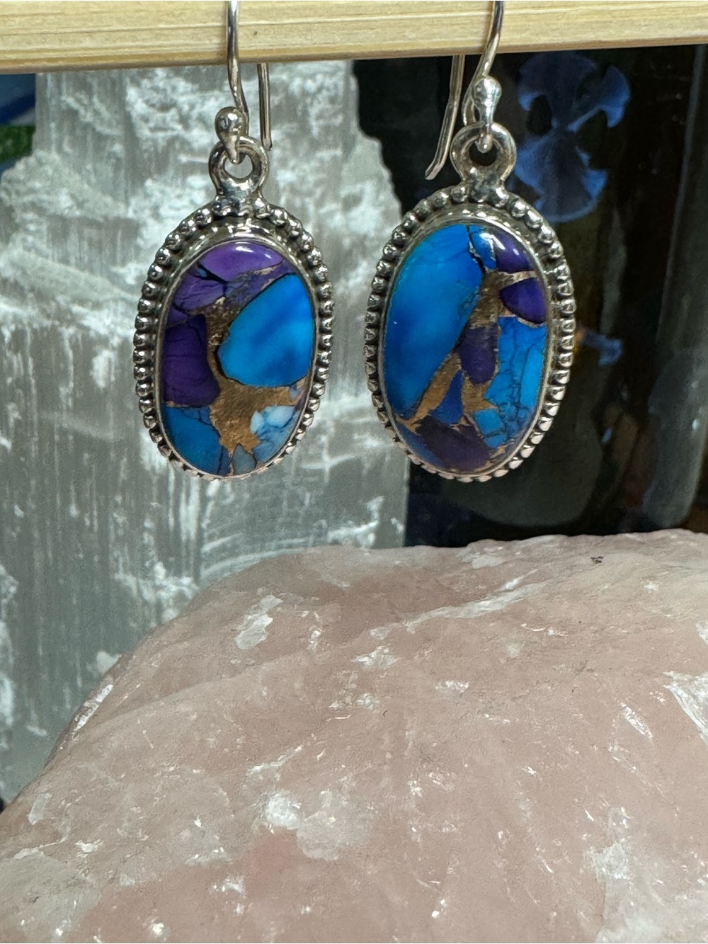 Purple Blue Turquoise Dahlia Sterling Silver Oval Drop Earrings - Kingman Stone